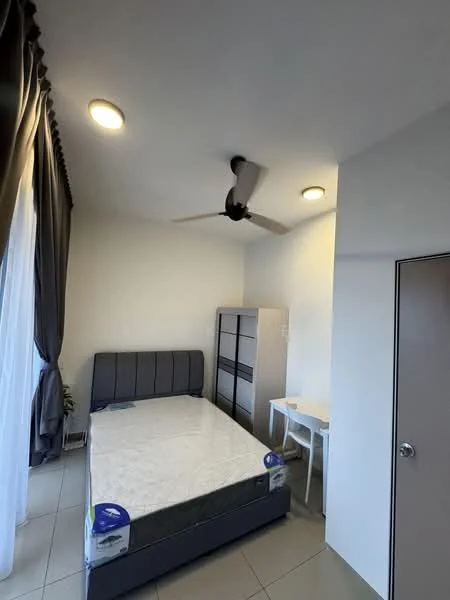 Bedroom features: queen-size bed, upholstered headboard, 2 ceiling lights, 5-blade ceiling fan, floor-to-ceiling window with sheer curtains, grey painted walls, tiled flooring, built-in wardrobe, study desk, white chair; style: modern.