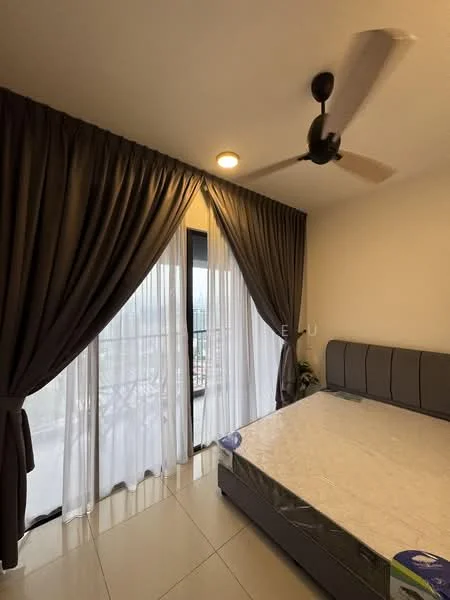 Bedroom features: queen-size bed, 5-blade ceiling fan, floor-to-ceiling windows, sheer curtains, dark grey curtains, light-colored walls, tile flooring, decorative wall, balcony access; style: modern; view: city.