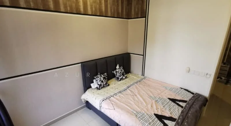 Bedroom features: king-size bed with upholstered headboard, decorative pillows, light-colored bedding with geometric pattern, cream painted walls, accent wall with wood paneling, white tiled flooring, wall-mounted light switch, built-in wardrobe, window with natural light; style: modern.