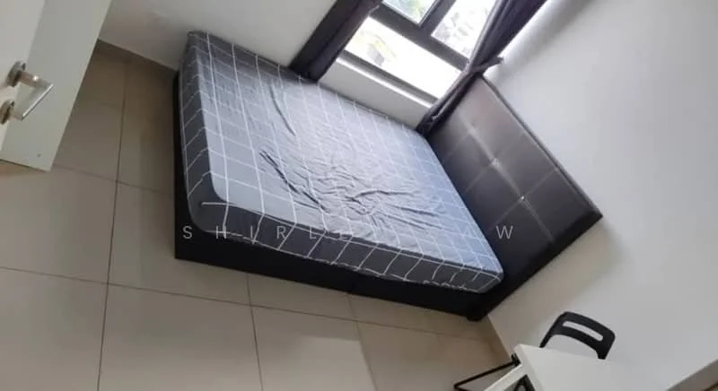 Bedroom features: queen-size bed with grey checkered bedding, floor-to-ceiling window, grey curtains, white walls, tile flooring, black study desk, black chair, headboard with padded panel; style: modern.