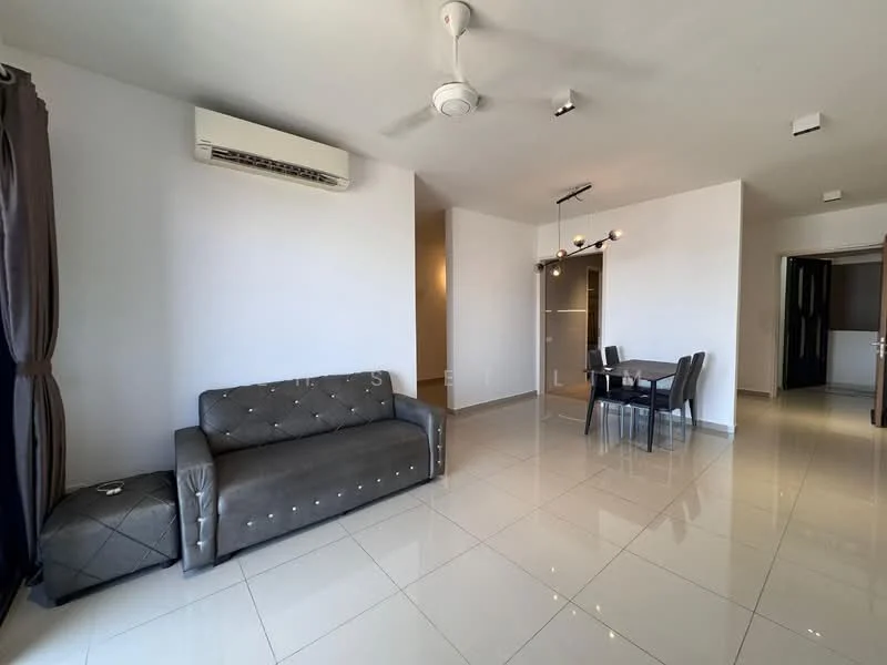 Living features: 3-seater fabric sofa in grey, ceiling fan, wall-mounted split AC, dining table for 4, tile flooring, white painted walls, recessed downlights, curtains in dark brown, decorative wall light, open layout; style: modern.