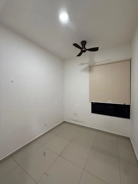 Room features: white painted walls, tile flooring, ceiling fan, window with roller blinds, light fixture.