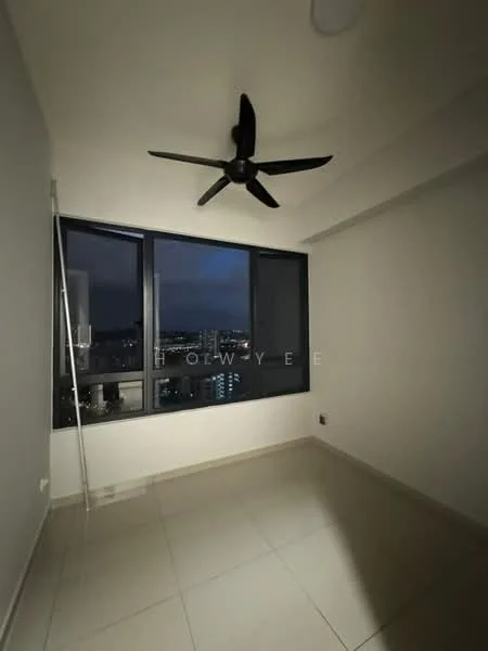 Room features: floor-to-ceiling windows, black ceiling fan, neutral wall colour, light tile flooring, city skyline view, no visible furniture, minimalist decor, recessed lighting; style: modern; view: city.