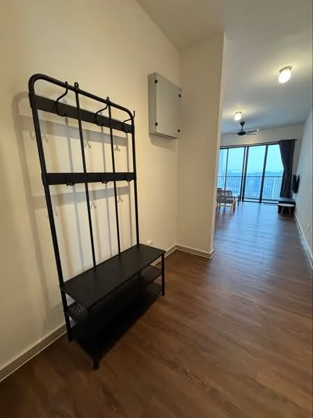 Room features: wooden flooring, white painted walls, black metal coat rack with shelf, wall-mounted air conditioning unit, ceiling light fixture, floor-to-ceiling windows, curtains, view of outdoor space; style: modern; view: city.