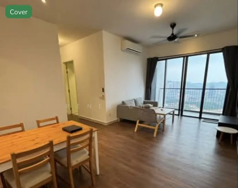 Living features: floor-to-ceiling windows, grey fabric sofa, wooden coffee table, 3-blade ceiling fan, recessed downlights, wooden flooring, curtains, city view; style: modern; view: city. Dining features: wooden dining table, 4 wooden chairs, minimalist design; style: modern.