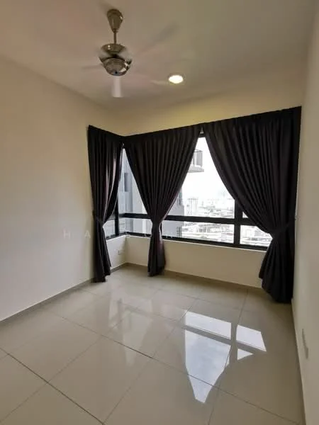 Bedroom features: floor-to-ceiling windows, blackout curtains, white painted walls, polished ceramic tile flooring, ceiling fan, recessed downlights; style: modern; view: city.