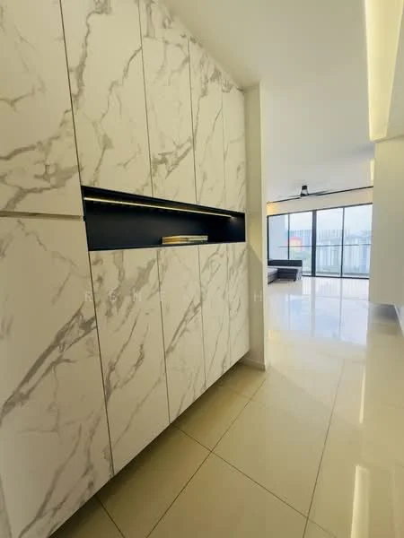 Room features: white marble-patterned cabinetry, glossy finish on cabinetry, neutral wall colour, large floor-to-ceiling windows, polished tile flooring, recessed ceiling lighting, open layout, minimalist design; style: modern; view: city.