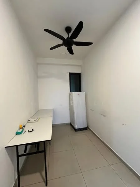 Room features: white painted walls, tile flooring, ceiling fan, window, table, refrigerator.