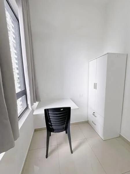 Study features: white painted walls, grey curtains, white desk, black chair, white cabinet with drawers, tile flooring, large window, natural light; style: minimalist.