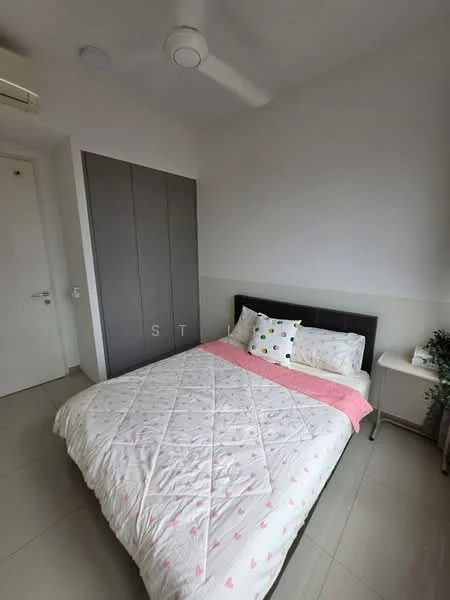 Bedroom features: queen-size bed with pink and white bedding, upholstered headboard, 2 bedside pillows with polka dot pattern, built-in wardrobe with sliding doors, white painted walls, light-colored tile flooring, ceiling fan, window with no visible treatment, small bedside table, decorative plant in ceramic pot; style: modern.