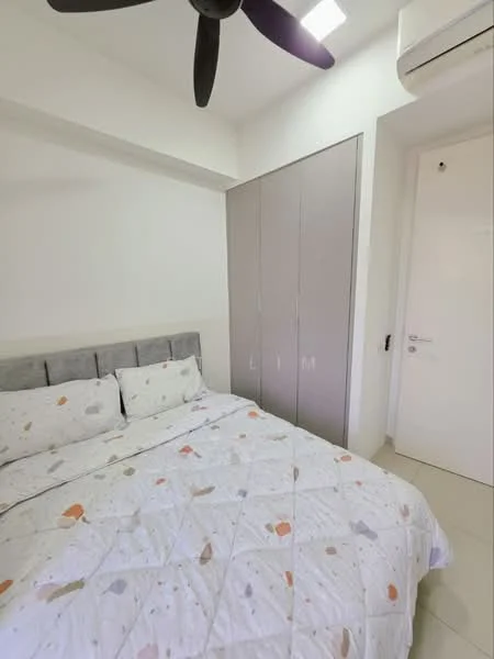 Bedroom features: queen-size bed with grey upholstered headboard, bedding with abstract pattern, built-in wardrobe with sliding doors, white painted walls, ceiling fan, wall-mounted air conditioning unit, tile flooring, door with modern handle; style: modern.