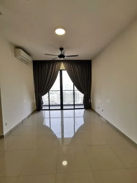 Living features: white painted walls, glossy ceramic tile flooring, 5-blade ceiling fan with light, floor-to-ceiling sliding glass door, sheer curtains, balcony view, air conditioning unit, recessed ceiling lights; style: modern; view: city.
