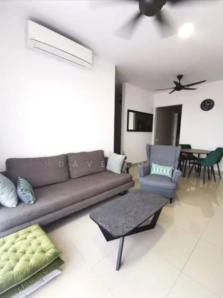 Living features: 3-seater fabric sofa in grey, accent chair in blue, coffee table with black top and black legs, green decorative cushions, wall-mounted split AC, ceiling fan, wall clock, tile flooring, neutral painted walls, dining area visible in background with dining table and chairs; style: modern.