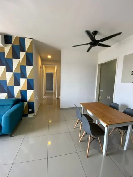 Living features: blue fabric sofa, wooden dining table, 4 grey dining chairs, geometric accent wall in blue, beige, and white, polished ceramic tile flooring, ceiling fan, recessed lighting, neutral painted walls, doorway leading to hallway; style: modern.