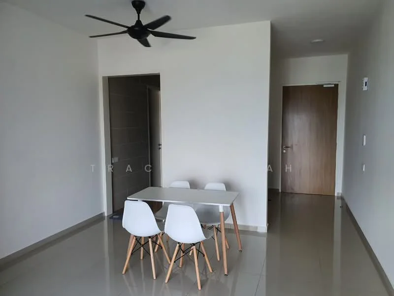 Dining features: white dining table, 4 white plastic dining chairs with wooden legs, grey tiled flooring, white painted walls, ceiling fan, door leading to hallway, doorway to kitchen or bathroom, natural light from window; style: modern.
