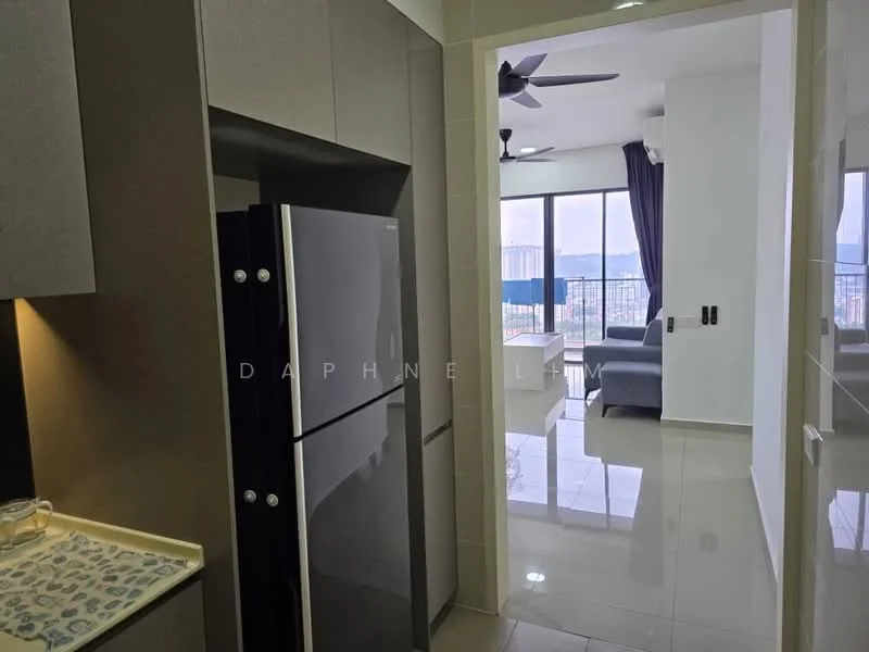 Kitchen features: stainless-steel fridge, light-colored countertop, grey cabinetry, wall-mounted cabinets, recessed lighting, ceramic tile flooring, open layout to living area; style: modern; view: city. Room features: floor-to-ceiling windows, grey sofa, dining table, curtains, ceiling fan.