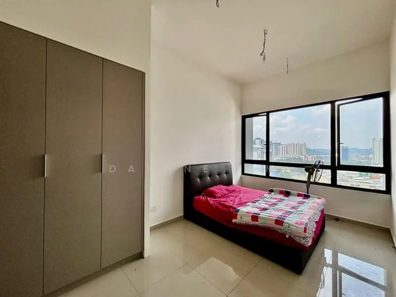 Bedroom features: king-size bed with pink bedding, upholstered headboard, built-in wardrobe with grey finish, floor-to-ceiling windows, city view, white painted walls, glossy tile flooring, recessed ceiling lights; style: modern; view: city.