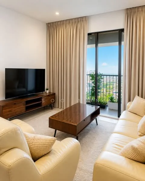 Living features: cream leather sofa, 2-seater sofa, coffee table with wooden surface, TV console with wooden finish, wall-mounted flat-screen TV, floor-to-ceiling windows, sheer curtains, carpet flooring, indoor plants, city view from window; style: modern; view: city.