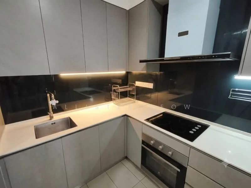 Kitchen features: grey cabinetry, white countertop, black glass backsplash, single-bowl stainless-steel sink, chrome pull-down faucet, built-in oven, 4-zone induction hob, stainless-steel range hood, recessed LED downlights, tile flooring; style: modern.