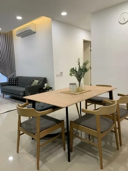 Dining features: wooden dining table, 4 wooden dining chairs with grey cushions, decorative centerpiece with glass vase and greenery, white walls, recessed ceiling lights, wall-mounted air conditioning unit, grey fabric sofa, curtains, tile flooring; style: modern.