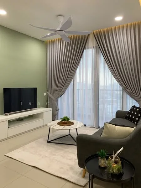 Living features: grey fabric sofa, round coffee table with marble top, area rug with geometric pattern, TV console with storage, wall-mounted TV, 5-blade ceiling fan with light, floor-to-ceiling windows with sheer curtains, decorative plants in ceramic pots, grey accent wall, recessed lighting; style: modern; view: city.