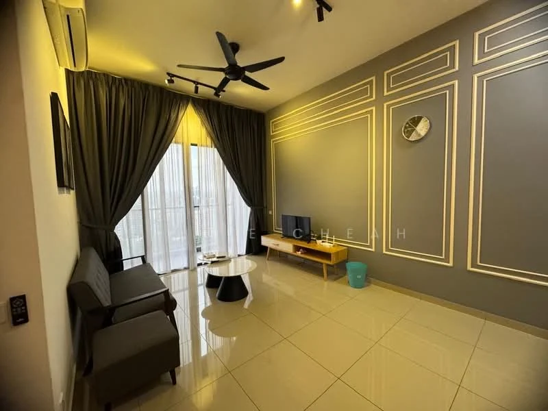 Living features: grey accent wall, white painted walls, glossy tile flooring, 5-blade ceiling fan with light, floor-to-ceiling windows, sheer curtains, TV console, wall-mounted TV, coffee table, decorative wall clock, area rug, crown moulding; style: modern.