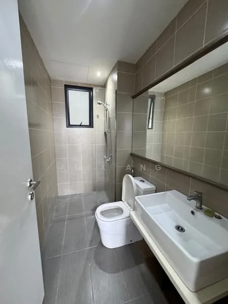 Bathroom features: grey tiled walls, light grey tiled flooring, single-sink vanity with white cabinet, chrome basin mixer faucet, framed mirror above sink, one-piece toilet, walk-in shower with glass enclosure, handheld shower, window for natural light, recessed lighting; style: modern.