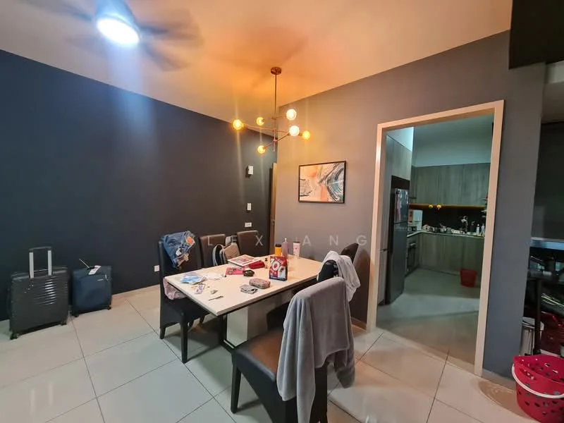 Dining features: 4-seater dining table, black dining chairs, pendant light fixture, grey accent wall, white tiled flooring, wall-mounted artwork, open layout to kitchen, ceiling fan; style: modern. Kitchen features: kitchen cabinets, stainless-steel appliances, countertop, open layout to dining area; style: modern.