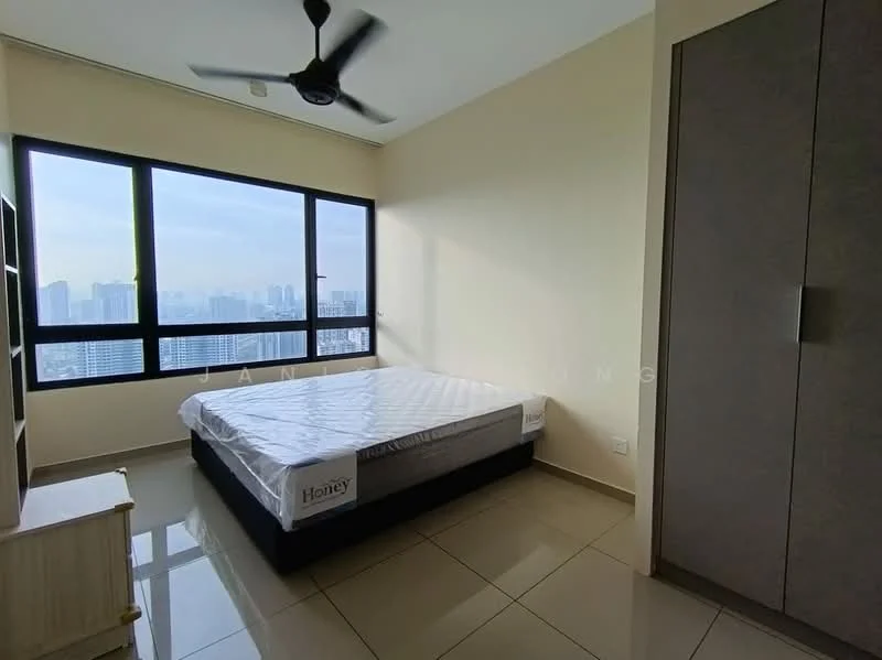 Bedroom features: king-size bed, white bed linens, floor-to-ceiling windows, city skyline view, cream painted walls, light-colored tiled flooring, ceiling fan, built-in wardrobe with grey finish, wooden bedside table; style: modern; view: city.
