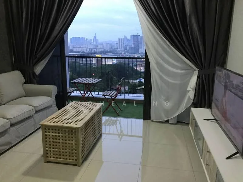 Living features: 3-seater fabric sofa in white, coffee table with woven design, TV console in white, wall-mounted TV, floor-to-ceiling windows, sheer curtains, blackout curtains, glossy tile flooring, city skyline view; style: modern; view: city.