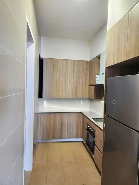 Kitchen features: wood cabinetry, white countertop, built-in oven, stainless-steel fridge, ceramic tile flooring, white tiled backsplash, single-bowl stainless-steel sink, chrome pull-down faucet, wall-mounted cabinets, open shelving; style: modern.