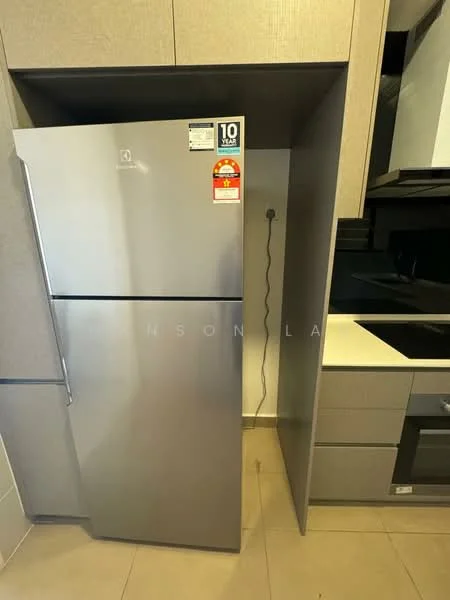 Kitchen features: stainless-steel fridge, grey cabinetry, white countertop, ceramic tile flooring, built-in oven, black backsplash, kitchen sink, cooking hob; style: modern.