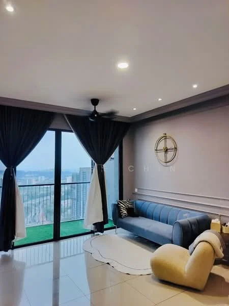 Living features: grey fabric sofa, black and white striped cushion, round wall clock, floor-to-ceiling windows, sheer curtains, blackout curtains, recessed downlights, white tiled flooring, decorative wall paneling, area rug, ceiling fan; style: modern; view: city.
