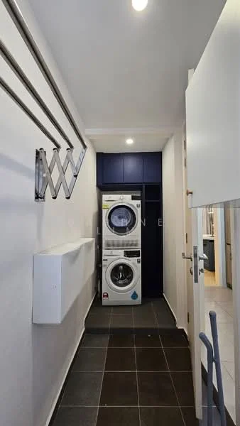 Laundry features: front-load washing machine, front-load dryer, black tile flooring, white painted walls, ceiling lights, folding drying rack, built-in cabinetry, sliding door, open space layout; style: modern.