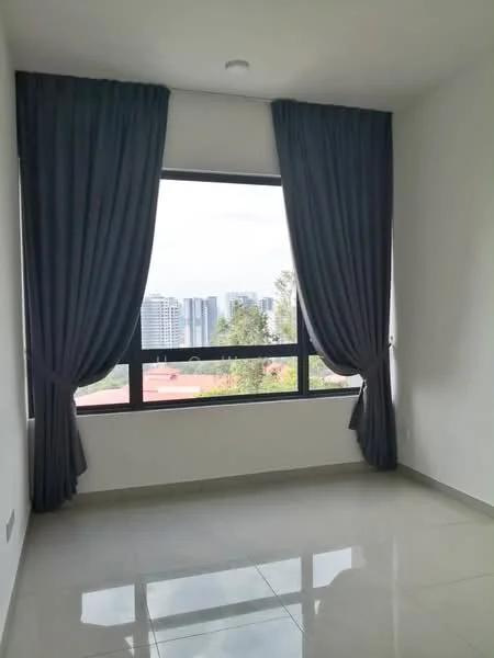 Room features: grey curtains, floor-to-ceiling windows, white painted walls, glossy tile flooring, city skyline view, recessed ceiling light; style: modern; view: city.