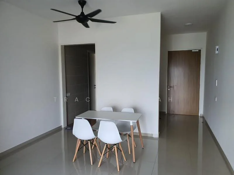 Dining features: white dining table, 4 white plastic dining chairs with wooden legs, grey tiled flooring, white painted walls, ceiling fan, doorway leading to another room, light switch on wall, neutral color scheme; style: modern. Room features: grey tiled flooring, white painted walls, doorway leading to hallway, light switch on wall.