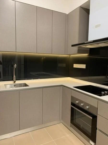 Kitchen features: grey cabinetry, white countertop, single-bowl stainless-steel sink, chrome pull-down faucet, built-in oven, 4-burner gas hob, black backsplash, recessed LED lighting, tile flooring; style: modern.