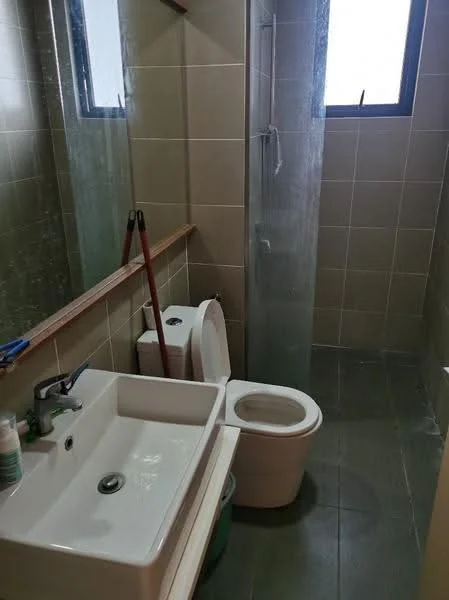 Bathroom features: single-bowl sink, chrome faucet, toilet, walk-in shower with glass enclosure, tile flooring, green wall tiles, mirror above sink, wooden shelf, window, shower head; style: modern.