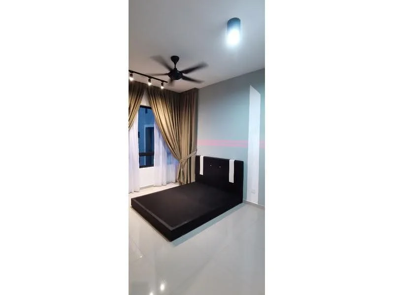 Bedroom features: black platform bed, white walls, grey accent wall, floor-to-ceiling windows, sheer curtains, blackout curtains, 5-blade ceiling fan with light, glossy tile flooring, recessed downlights; style: modern.