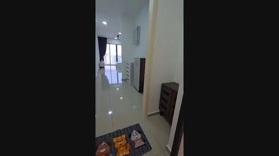 Room features: glossy tile flooring, white painted walls, recessed downlights, sliding glass door, curtains, built-in cabinets, decorative rug with animal patterns, furniture visible in the background; style: modern.