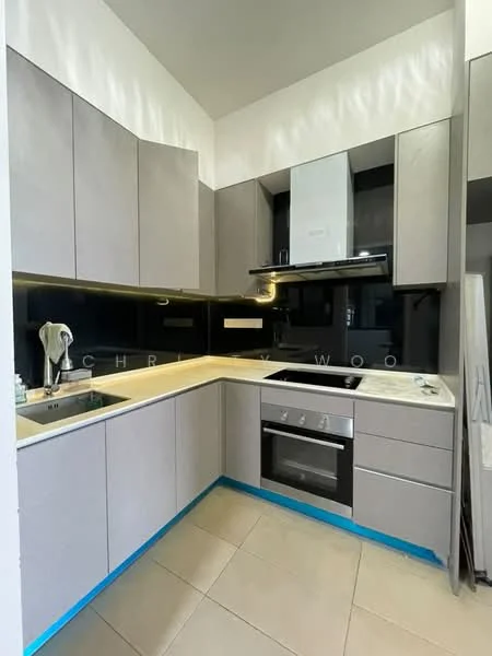 Kitchen features: L-shaped kitchen layout, grey flat-panel cabinets, white countertop, stainless-steel sink, chrome pull-down faucet, built-in oven, stainless-steel range hood, 4-burner gas hob, black backsplash, tile flooring, under-cabinet lighting; style: modern.