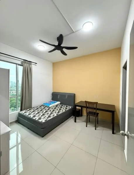 Bedroom features: queen-size bed with mattress, upholstered headboard, study desk, wooden chair, floor-to-ceiling window, grey curtains, white painted walls, yellow accent wall, ceiling fan with light, glossy tile flooring; style: modern; view: city.
