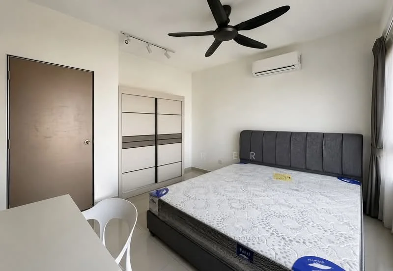 Bedroom features: king-size bed, upholstered headboard, white mattress, ceiling fan with light, wall-mounted split AC, built-in wardrobe with sliding doors, desk with chair, cream painted walls, tile flooring, floor-to-ceiling window with sheer curtains; style: modern.