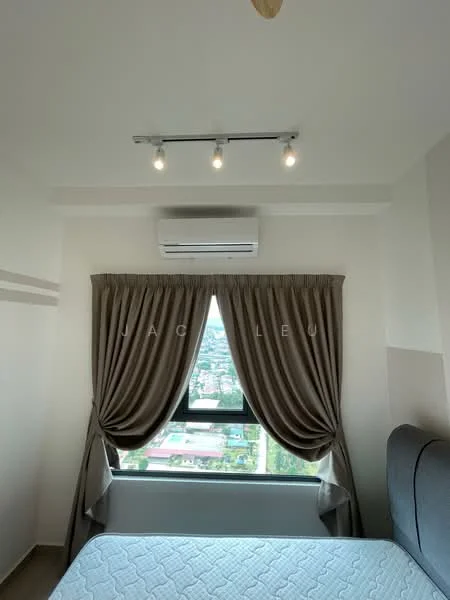Bedroom features: queen-size bed, floor-to-ceiling window, curtains in beige, 1 wall-mounted split AC, recessed LED downlights, light grey upholstered headboard, white painted walls, carpet flooring; style: modern; view: city.