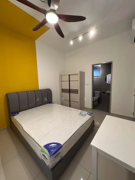 Bedroom features: queen-size bed, upholstered headboard, ceiling fan with light, white painted walls, yellow accent wall, tile flooring, built-in wardrobe, window with circular design, desk, light fixtures; style: modern.
