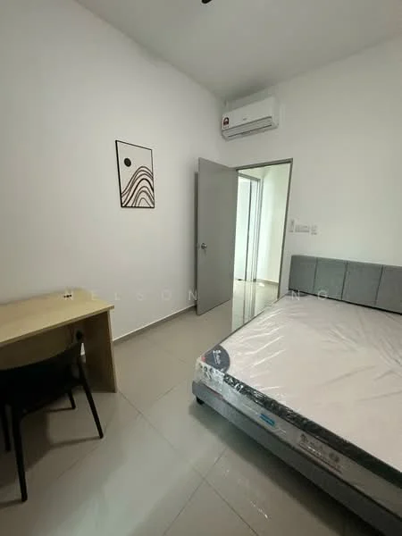 Bedroom features: queen-size bed, grey upholstered headboard, white painted walls, tile flooring, 1 wall-mounted split AC, study desk, black chair, framed artwork on wall, door leading to hallway; style: modern.