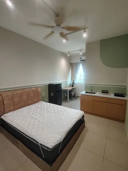 Bedroom features: queen-size bed without mattress, upholstered headboard in beige, ceiling fan with 5 blades, window with sheer curtains, desk with chair, mini fridge, built-in cabinetry, tile flooring, light green accent wall, white painted walls, recessed downlights; style: modern.