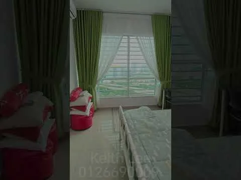 Bedroom features: floor-to-ceiling windows, green curtains, white walls, carpet flooring, queen-size bed, upholstered headboard, bedside table, decorative pillows, view of city skyline; style: modern; view: city.