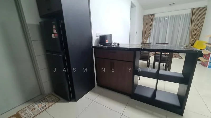 Kitchen features: black cabinetry, granite countertop, stainless-steel fridge, built-in microwave, open shelving, tile flooring, white walls, dining table with chairs; style: modern.