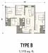 Floor plan: 3-bedroom 2-bathroom unit; features: open-plan kitchen-dining-living, master bedroom with ensuite bathroom, balcony off living room, utility room, central foyer, 2 car porch, 1,115 sqft built-up.
